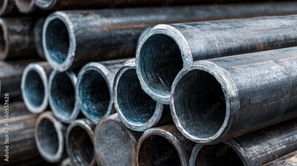 Poster stack of metallic pipes in industrial setting with textured surface