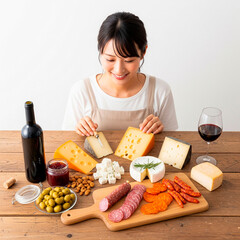 Smiling Japanese Woman with Gourmet Cheese and Charcuterie Board