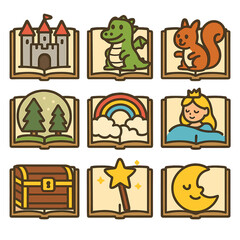 Naklejka premium Fairy Tale Icons. Flat icon set of children’s storybook pages: fairy tale castle, friendly dragon, talking squirrel, enchanted