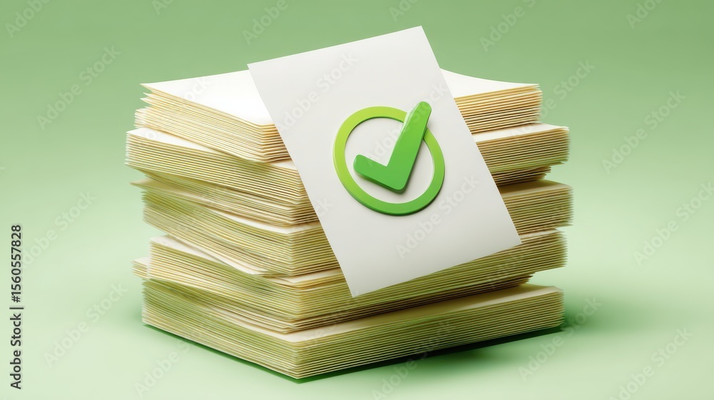 Poster stack of blank papers with green check mark on soft green background