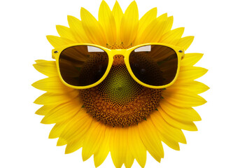 Cheerful Sunflower with Yellow Sunglasses Against White Background, Radiating Playfulness, Positivity, and Natural Joy PNG