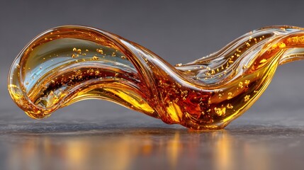 Glossy gold liquid dripping and flowing over a surface with reflections, showing elegance and opulence