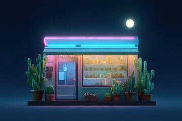 Neon-Style Digital Illustration of a Vibrant Cactus Shop at Night