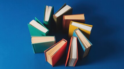 Vibrant books arranged in a circular pattern against a deep blue background