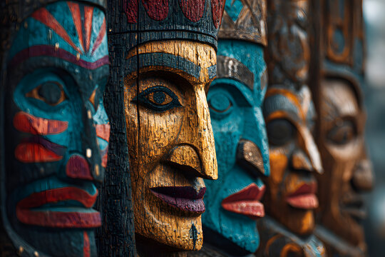 Close-up of multiple carved faces on totem poles, reflecting vibrant colors and intricate designs, embodying the cultural richness of indigenous traditions.