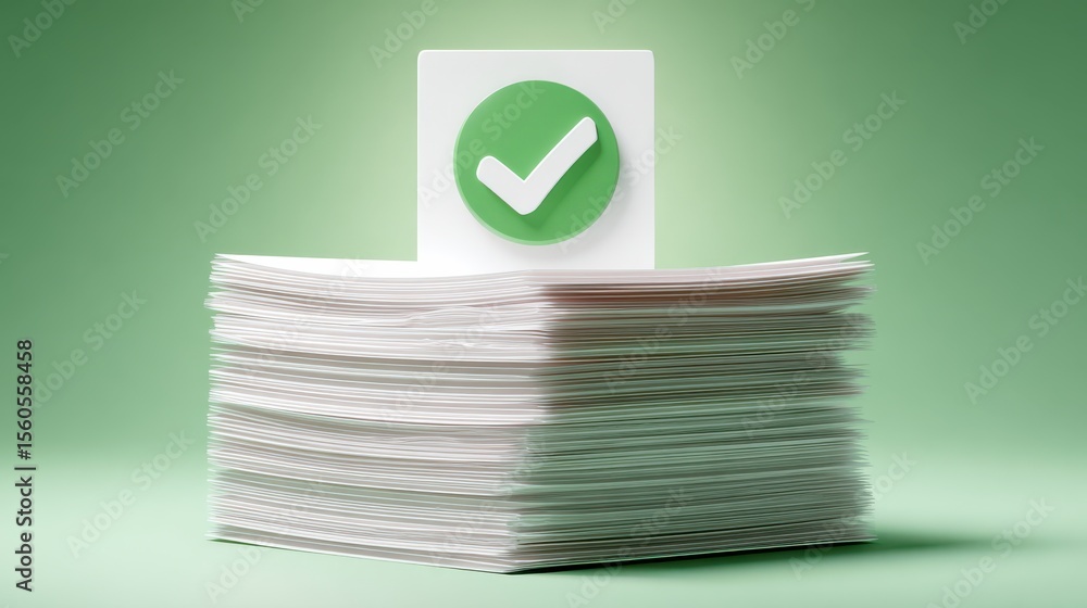 Poster stack of paper with green checkmark symbol on soft green background