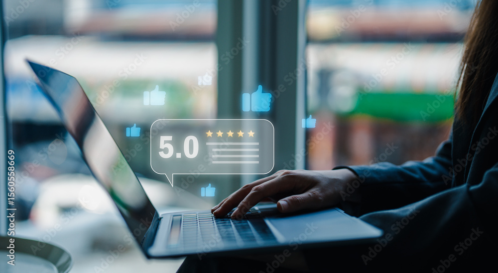 Poster a person using a laptop with digital icons showing a 5-star rating and thumbs-up symbols floating ab