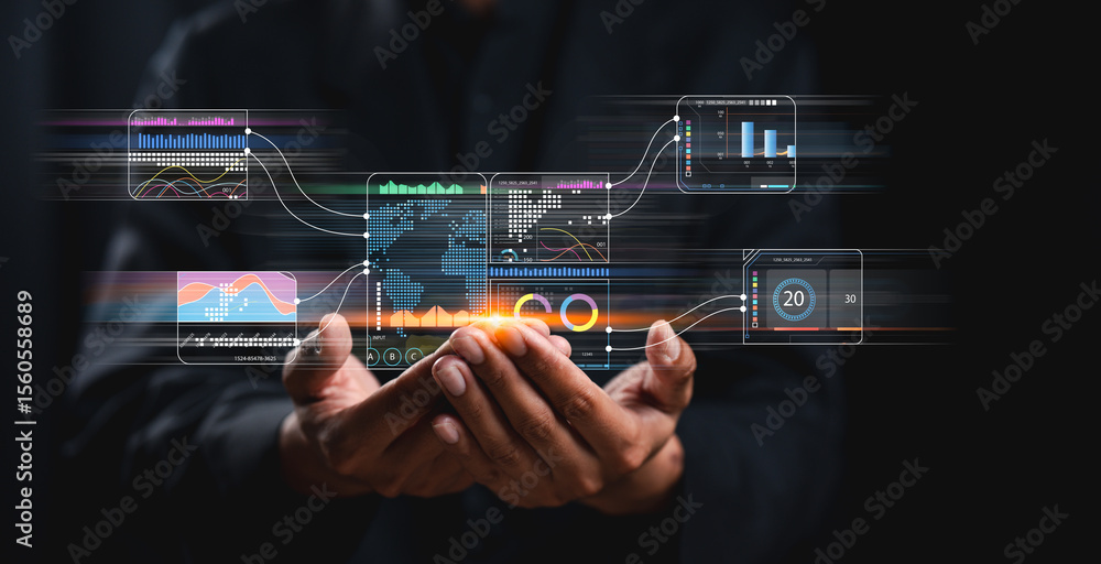 Poster hands hold a holographic interface displaying data charts, graphs, and analytics in a digital, futur