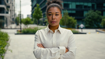 Portrait serious calm confident African American woman businesswoman girl female employer business...