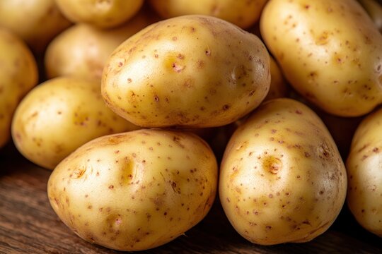 Pile of fresh potatoes on rustic wood background