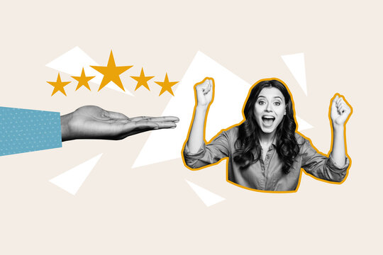 Composite artwork collage sketch of young lady excited smile silhouette hand hold five star increase rating goal service positive user