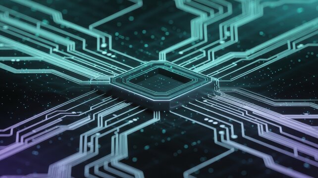 Glowing circuit board pathways converging on a central processor, illuminated with cool blue and purple hues against a dark background