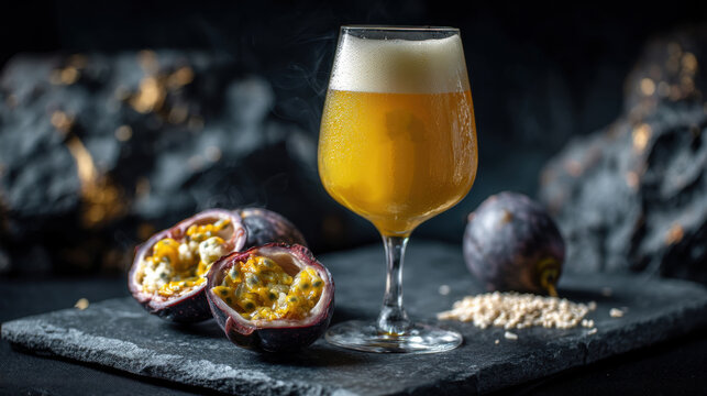 Passion Fruit Beer in a glass of light golden sour ale in a teku glass, with a passion fruit cut in half and a small pile of pale malt, on a dark textured slate background.