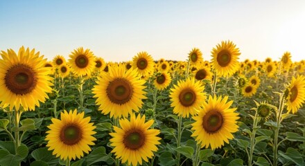 Obraz premium Golden Sunflowers Blooming in a Vast Field Under a Bright Blue Sky