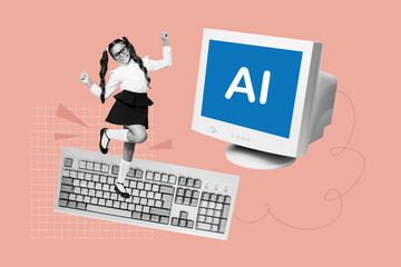Trend artwork design collage sketch of computer monitor keyboard schoolgirl stand smile remote...