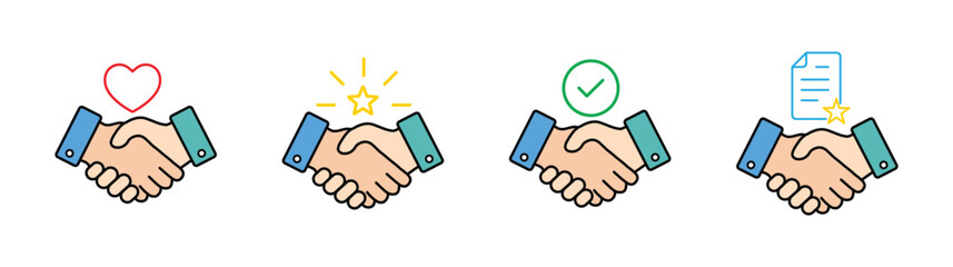 Business Handshake Icon Set – Vector Symbols Representing Partnership, Agreement, Collaboration, and Friendly Deals for Web, App UI, and Professional Design Projects”