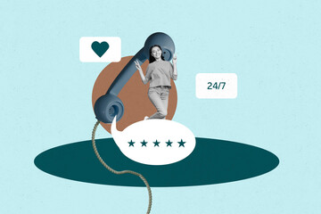Sketch 3d artwork pop image collage of happy girl guy stand telephone handset bubble telemarketing...