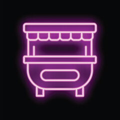 Neon sign representing a street food stall, glowing in purple on a black background