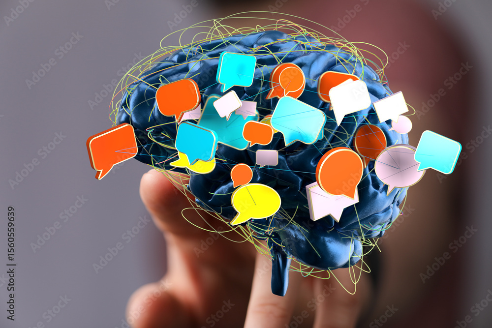 Poster abstract image of a brain with colorful speech bubbles, representing communication, ideas, and menta