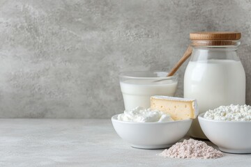 Fresh Milk, Cheese, and Yogurt Served in White Bowls