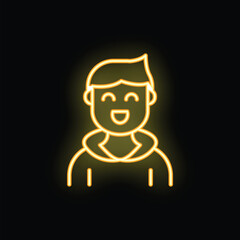 Neon sign showing a young man wearing a hoodie and smiling on black background