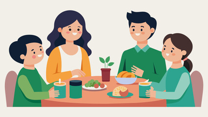 A family sitting down together for a homecooked dinner rejecting the idea of ordering takeout or participating in a popular restrictive diet.. Vector illustration