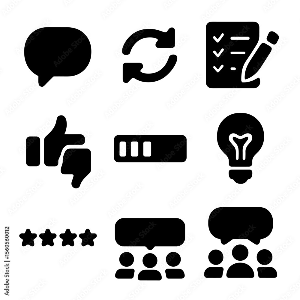 Aufkleber feedback icons grid. solid, filled icon set of feedback and iteration: comment bubble, refresh arrow