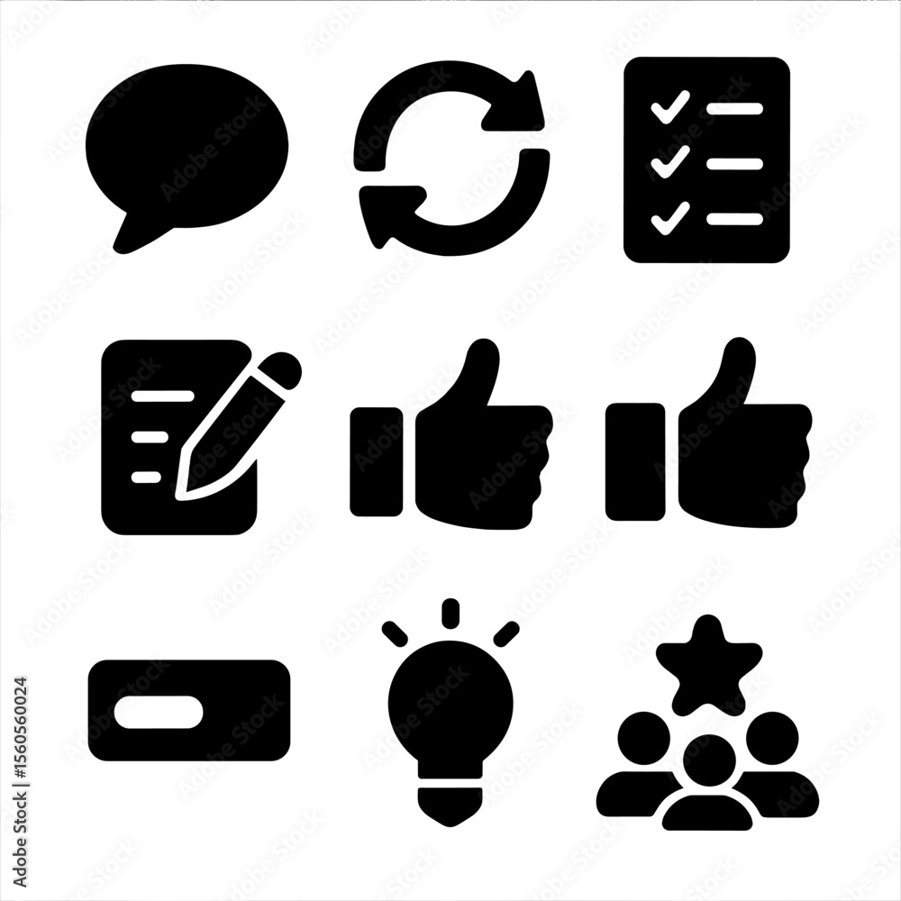 Aufkleber feedback icons grid. solid, filled icon set of feedback and iteration: comment bubble, refresh arrow