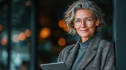 Confident woman using tablet in modern office environment during daytime