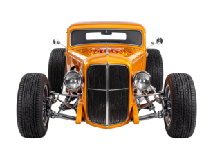 Three-quarter front angle of custom orange hot rod with detailed flame graphics, isolated on white background