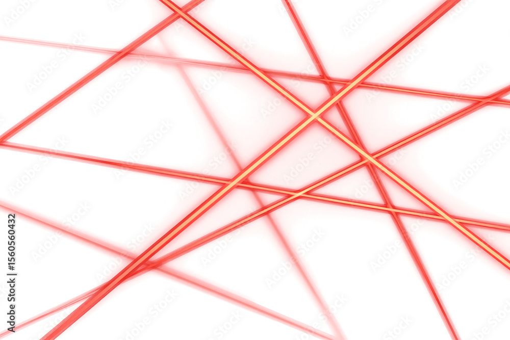 Poster several intersecting red straight lines in different positions. neon red light on isolated transpare