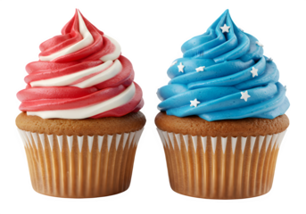 Two patriotic cupcakes in red, white, and blue frosting isolated on white or transparent background. PNG, festive dessert.