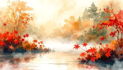 A serene painting depicting tall, slender trees emerging from a soft, swirling fog, with a tranquil body of water reflecting their silhouettes.