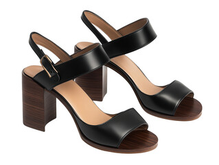 Naklejka premium Elegant Black Leather Sandals with Wooden Heels on Transparent Background