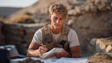 Student at Archaeological Dig Site Brushing Pottery Shard with Trowel