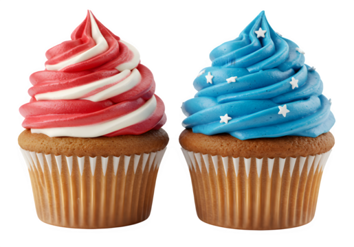 Two patriotic cupcakes in red, white, and blue frosting isolated on white or transparent background. PNG, festive dessert. - Powered by Adobe