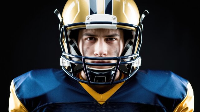 A determined football player in a gold and blue uniform, wearing a protective helmet with a fierce expression.