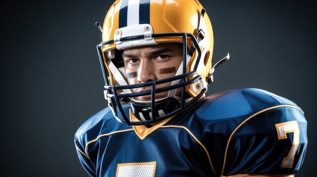 A determined football player in a blue and gold uniform, wearing a protective helmet with a focused expression. - Powered by Adobe