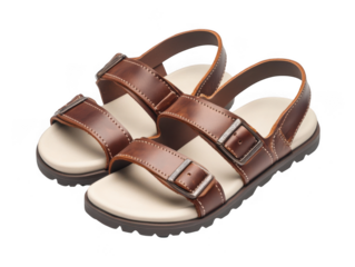 Pair of brown leather sandals with buckles on transparent background