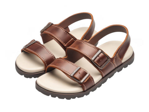 Pair of brown leather sandals with buckles on transparent background