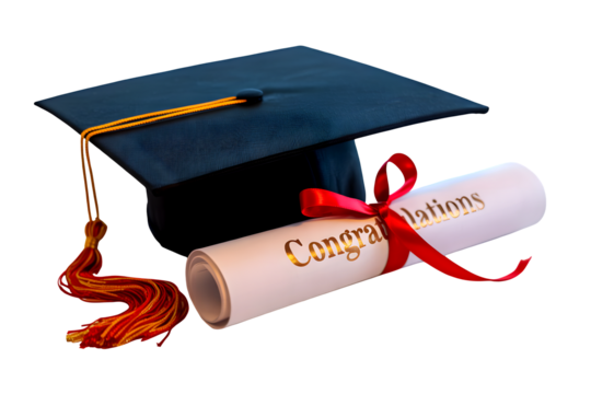 A Classic Graduation Cap with Vibrant Red Tassel Paired with a Rolled Diploma Secured by a Crimson Ribbon, isolated on transparent background. PNG file, cut out