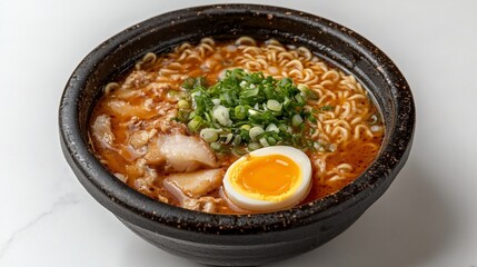 Delicious bowl of ramen noodles.  A rich, savory broth surrounds tender noodles, topped with sliced pork, a soft-boiled egg, and fresh green onions