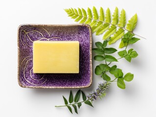 Natural Yellow Soap Bar on Purple Ceramic Plate with Green Leaves