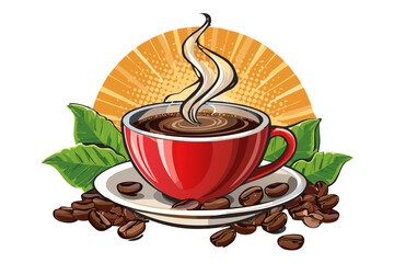 Red coffee cup on a saucer filled with coffee, realistic coffee cup with smoke, Coffee cup beverage, cafe breakfast illustration, Tasty Coffee, hot cup of coffee, coffee beans next to the cup