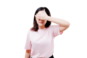 A woman in a pink shirt covers her eyes with her hand, expressing a gesture of avoidance or blindness.