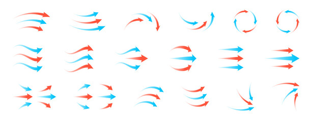 Airflow and ventilation symbol set with red and blue arrows, hot and cold wind streams, fan rotation and filtration icons. Clean transparent vector illustration for HVAC, purifier or climate systems.