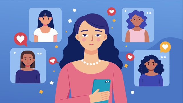 A teenage girl comparing herself to the heavily edited and filtered photos of models on social media leading to feelings of insecurity and body dysmorphia.. Vector illustration
