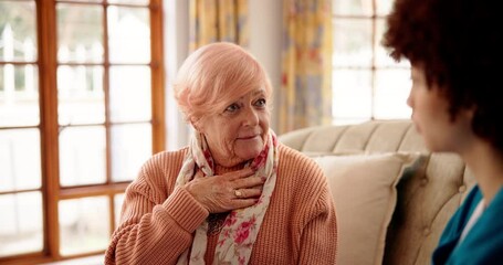 Nurse, advice and old woman with discussion on sofa for healthcare support, listening and homecare. Mental health, caregiver and senior person with consultation in home for medical wellness and trust - Powered by Adobe