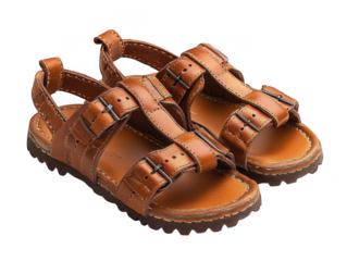 Pair of Brown Leather Buckle Sandals for Children on Transparent Background