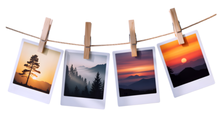Wanderlust Snapshots, Nature’s Beauty in Polaroid Frames, Mountain, Forest, and Sunset Memories, Four Scenic Moments on a Twine Line, isolated on transparent background. PNG file, cut out